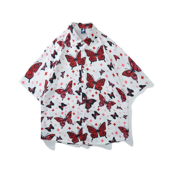 Camisas casuais masculinas Flor Flower Butterfly Fashion Brand Loose Casal Street Butterfly Print Full Manga Short Shirt Z0224