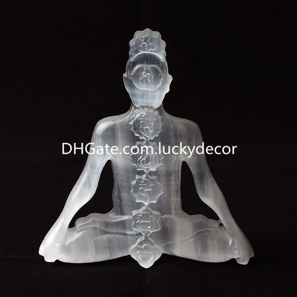 White White Selenite Yoga Men Decoração de Estátua Hand esculpida 7 Chakra Símbolo de cetim Spar Pedra de gemas sentadas Deus Modelo de cura de quartzo Meditação de cristal escultura masculina