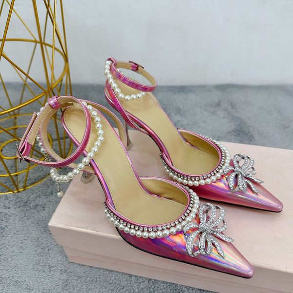 Iridescent Rosa Saltos altos sapatos de vestido Butterfly diamante pérola moda de couro sandálias de galadas