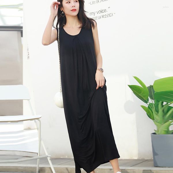 Casual Kleider 2023 Sommer Maxi Frauen Knöchellangen Ärmelloses Modales Langes Kleid Schwarz Grau Baumwolle Hause Kleid Kleidung Für dame