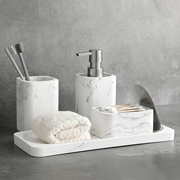 Acessório de banho Conjunto de acessórios de banheiro imitação de marmore dispensador de sabão de marmore caixa de argolo copo copo de lealeão e bandeja 230224