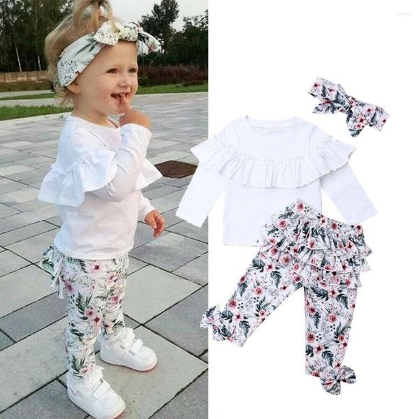 Set di abbigliamento Set di vestiti per neonata Top con volant bianco T-shirt Pantaloni con fiocco floreale Fascia per capelli 0-5T Bambino Bambini Bambini Primavera Autunno Casual