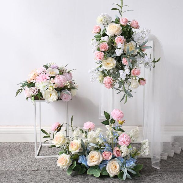 Fiori decorativi Evento di nozze Disposizione della sfera floreale rosa blu Arco della parete Hang Flower Row Centrotavola Decor Party Stage Road Lead Floor