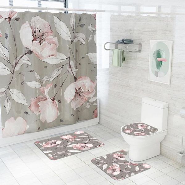 Badematten 4-teiliges wasserdichtes Blumendruck-Duschvorhang-Set mit rutschfestem Teppich, Toilettendeckel-Abdeckungsmatte, Badezimmerzubehör