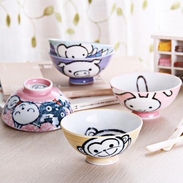 Schüsseln 5 Zoll, hergestellt in Japan, niedliches Cartoon-Schwein, bedruckt, handbemalte Keramik, Kinderporzellan, Reisbehälter, Besteck, Geschirr