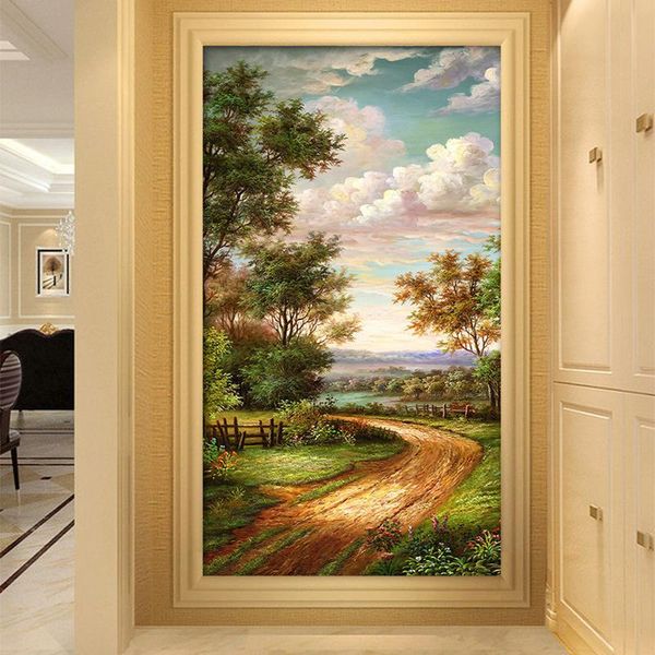 Wallpapers Po Tapete 3D Pastoral Landstraße Landschaft Ölgemälde Wand Tuch Wohnzimmer El Eingang Hintergrund Dekor Wandgemälde