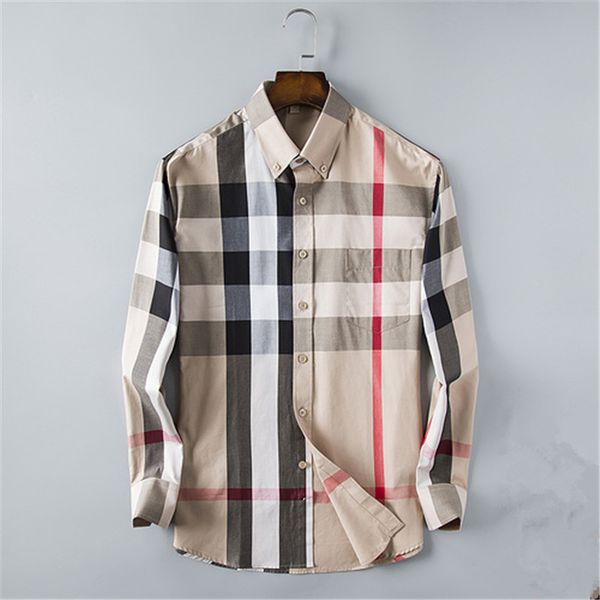 2023 novo Vestido masculino Camisas casuais Luxo Slim Seda T-shirt Manga comprida Roupas casuais de negócios xadrez marca 4 cores M-3XL