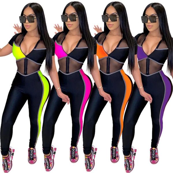 Abbigliamento da palestra 2023 Patchwork di colore Sheer Mesh Jumspuit Donna Fashon Sexy Cerniera con scollo a V Manica corta Pagliaccetto magro Night Club