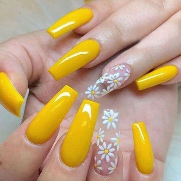 Unghie finte 24 pezzi / set Bara finta lunga rimovibile Fiore bianco giallo Copertura completa Acrilico Ballerina Accessorio per unghie Punte artistiche