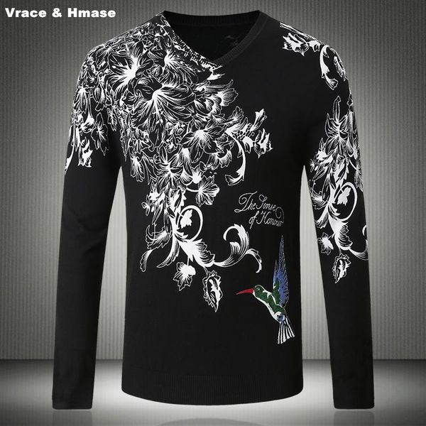 Männer Pullover Chinesischen Stil Blumen Vogel Muster Druck Mode Casual Pullover HerbstWinter 2023 Qualität Männer Schwarz Weiß M-4XLMen's