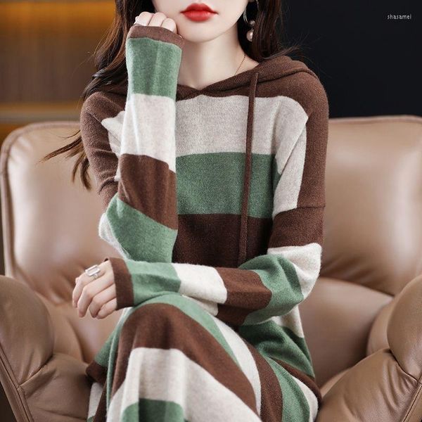 Casual Kleider Mit Kapuze Vintage Frauen Pullover Gestricktes einteiliges Kleid Lose Midi Stricken Für Frauen Herbst Winter 2023 Mit