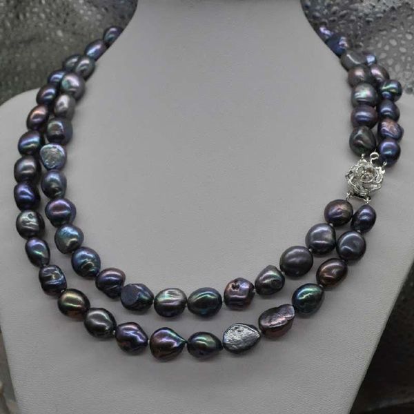 Catene annodate a mano Bellissima collana di perle coltivate d'acqua dolce barocca nera a 2 file da 9-11 mm 43-48 cm Catene di gioielli di moda