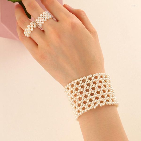 Charme Armbänder Volle Perlen Weben Armband Für Frauen Hohl Elastische Perle Geflochtene Armreifen Ringe Set Braut Schmuck Mädchen Feine Hochzeit