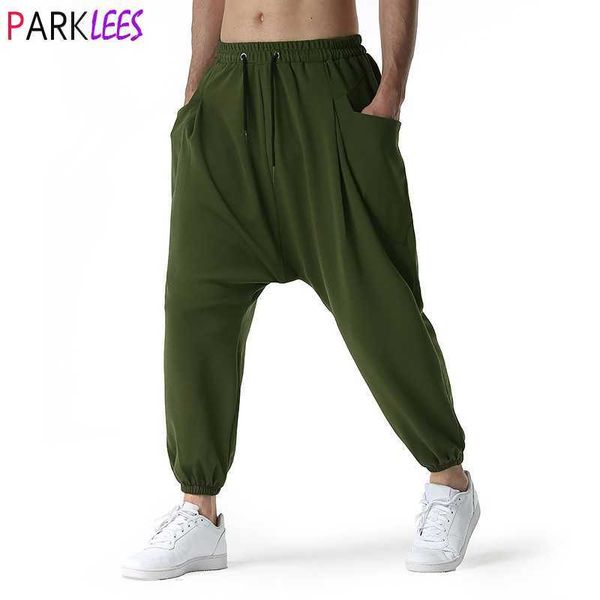 Erkek pantolon ordusu yeşil bülbeli cin boho yoga harem pantolon pamuk düşük damla kasık joggers eşofmanları erkek gündelik hippi sokak kıyafeti pantolonlar z0225