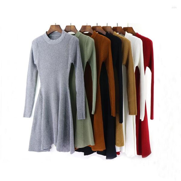 Vestidos casuais 2023 vestido de suéter de outono Mulheres O-Gobes Manga longa Uma linha mini feminina feminina marrom preto vermelho cinza vestidos