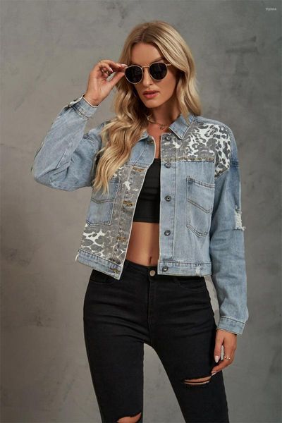 Женские куртки женский весенний и осенний стиль уличный личность леопардовый сплайс разбитый джинсовый джинсовая ткань
