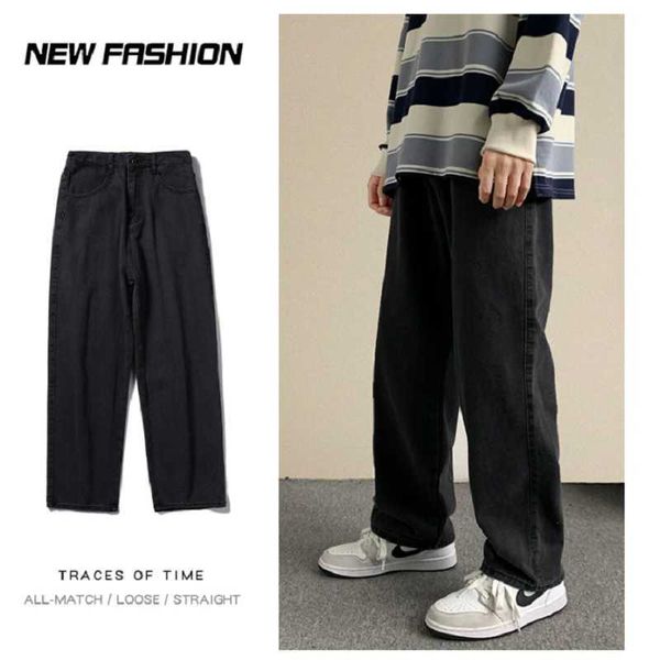 Jeans masculinos 2021 Autumn Novo Streetwear Baggy Jeans Men Fashion coreano Pontas lisas de perna larga machos Roupas de marca preto azul z0301