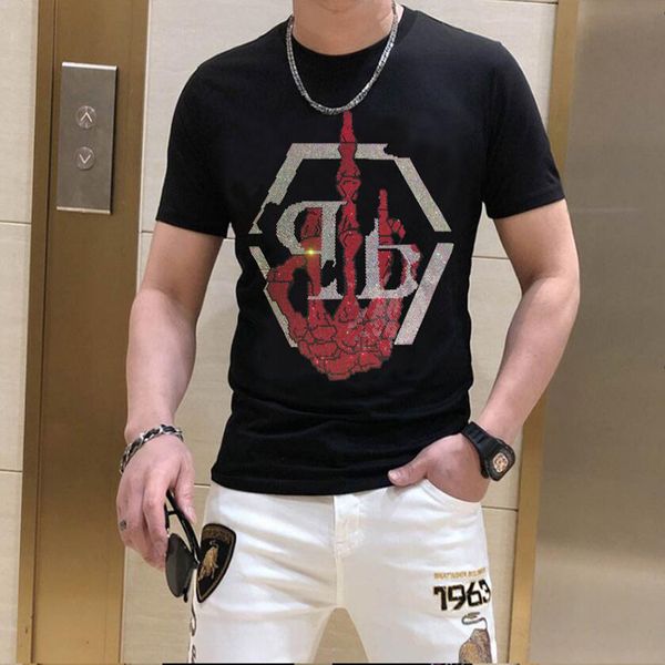 Camiseta masculina crânio strass street wear algodão tamanho solto estilo hip hop camisetas verão nova tendência homme wear roupas causais M-5XL