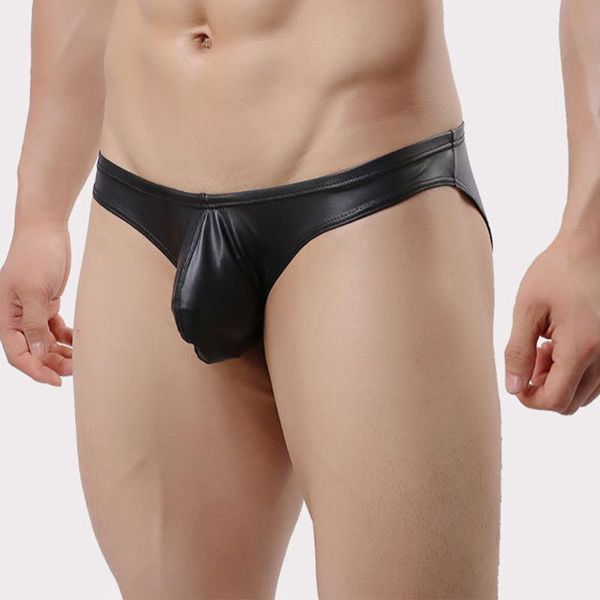 Unterhosen Slips für Herren, Pu-Leder, Herren-Unterwäsche, niedrige Taille, Beutel, Calzoncillos, Hombre, Wet-Look, Tanga, Unterbekleidung, schwule Dessous, kurze Unterhosen