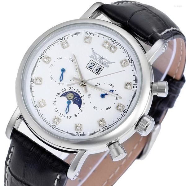 Orologi da polso JARAGAR Marchio da uomo Orologio meccanico automatico Orologio da uomo casual con fasi lunari Calendario 24 ore con data automatica Orologio con strass