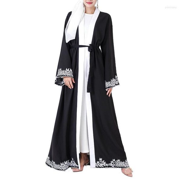 Casual Kleider Frauen Abaya Muslimischen Kleid Luxus Stickerei Langarm Geöffnet Schwarz Glocke Sleevekimono Vorne Offen