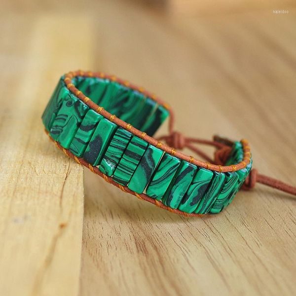 Braccialetti con ciondoli Donna Uomo Boho Bracciale in malachite Gioielli fatti a mano Perline in tubo di pietra naturale Involucro in pelle Regali creativi