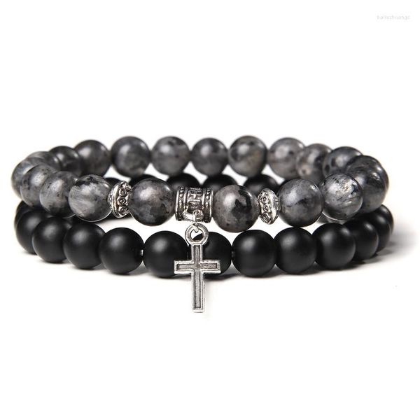 Strand Cross Bracciale Benedizione Gioielli Uomo Natural Healing Energy Labradorite Black Matte Onyx Stone Beads Bracciali Stretch Women Gift