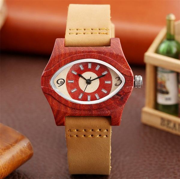 Armbanduhren Einzigartige Augenform Rotes Holz Uhrengehäuse Frauen Quarzwerk Echtes Leder Armbanduhr Weibliche Natürliche Stilvolle Holz