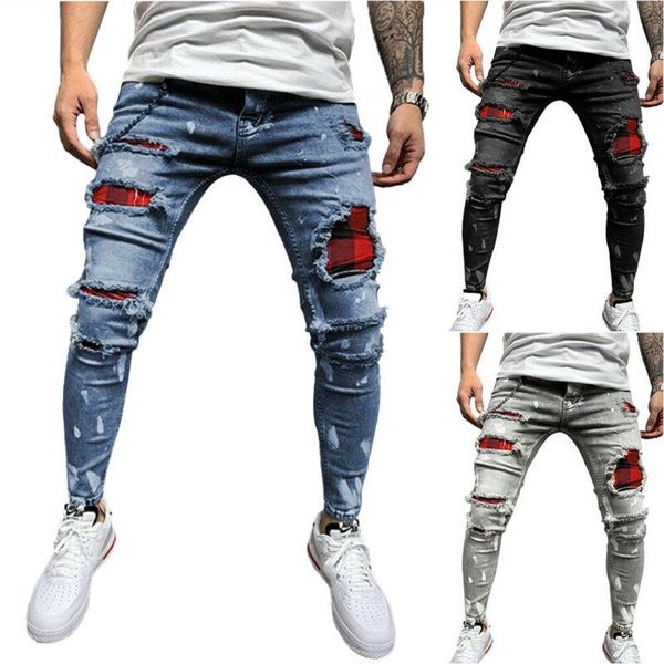 Calça jeans masculinas rasgaram calças casuais magras manchas de jeapis de jeapis de retalhos de retalhos 2023 roupas de verão comprando roupas