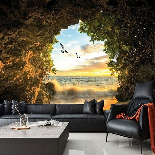 Sfondi Carta da parati murale personalizzata 3D Cave Nature Landscape Po Panno da parete Ristorante Soggiorno Sfondo dipinto Papel De Parede