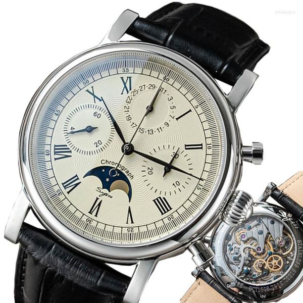 Armbanduhren Sugess Vintage Uhr Männliche Mechanische Armbanduhren Für Männer Seagull ST1908 Bewegung Chronograph Saphir Mondphase Herren