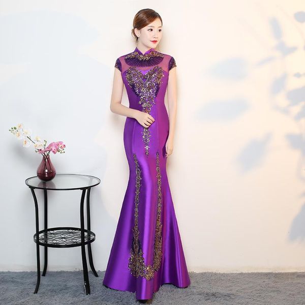 Повседневные платья 4xl Purple Modern Cheongsam Sexy Qipao Women Long Традиционная китайская восточная свадебная вечерняя одежда Orientale