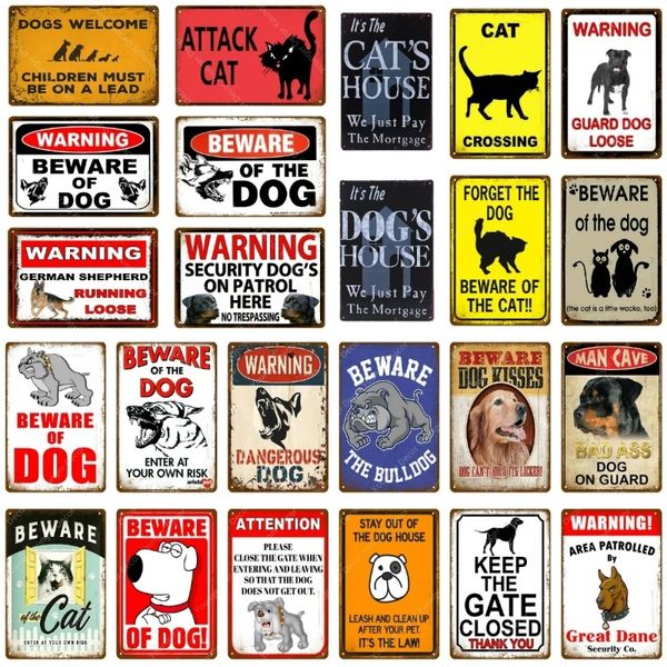 Avvertimento Pericolo pittura artistica Segni di metallo Attenzione al cane Gatto Poster Vintage Wall Plaque Pub Bar House Painting Man Cave Decorazione personalizzata Dimensioni 30X20cm w02