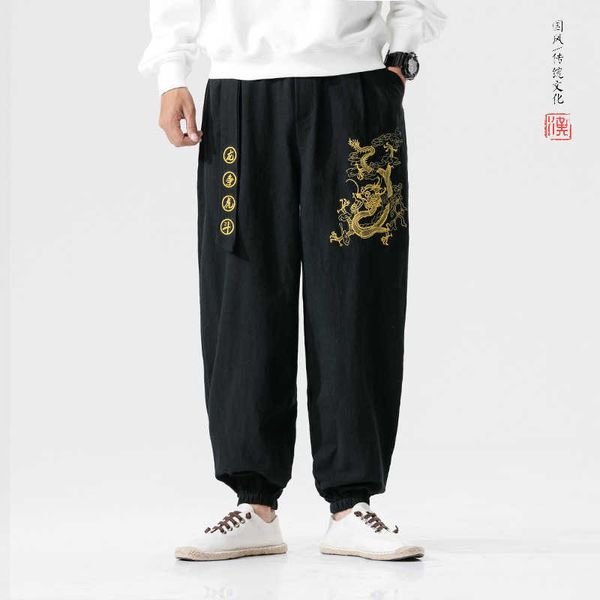 Calça masculina de chá zen masculino chinês bordado dragão kung fu harem calça vietmam japonês esportes de moda casual calças de dança de streetwear z0225