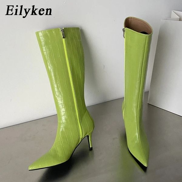 Отсуть обувь Eilyken Green Purple Woman колена высокая мода Sexy Thin Heels на молнии на молнии