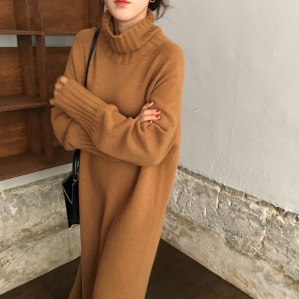 Abiti casual Chic Abito morbido in cashmere Donna Autunno inverno Collo alto Oversize Lungo di lana Vestido Maglieria a maniche lunghe da donna