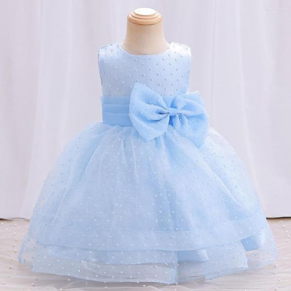 Mädchenkleider, Hochzeit, Blumenmädchenkleid, süßes Kinder-Rundhalsausschnitt, ärmellos, Schleife, Gaze, Prinzessin, einfaches Geburtstagsparty-Kleid