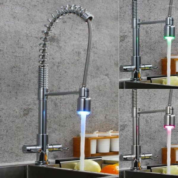 Küchenarmaturen, LED-Licht, Waschbecken-Wasserhahn, Messing, verchromt, kalte Deckmontage, Mischbatterie