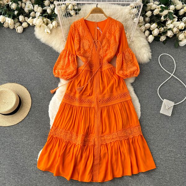 2023 Vestidos De Mujer Sommer Vintage Kleider für Frauen Lace Up V-ausschnitt Laterne Hülse Spitze Aushöhlen Kleid Koreanische Robe femme