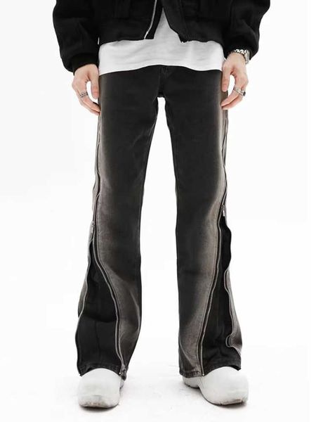 Мужские джинсы в американском стиле высокие улицы создают старые градиентные молнии, ориентированные на молнию джинсы мужчины, новая свободная средняя джинсы, прямые джинсы, мужские брюки Z0225