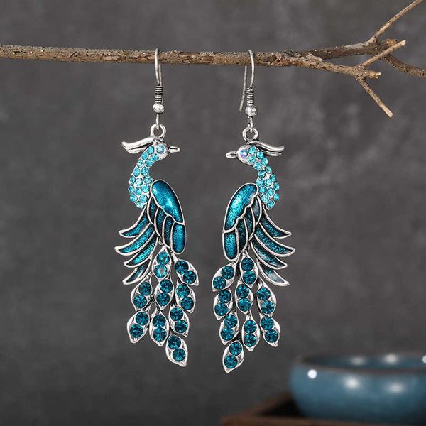 Fascino blu strass orecchini di pavone etnico gioielli indiani vintage argento colore cristallo ciondola orecchini pendenti per le donne Pendientes G230225