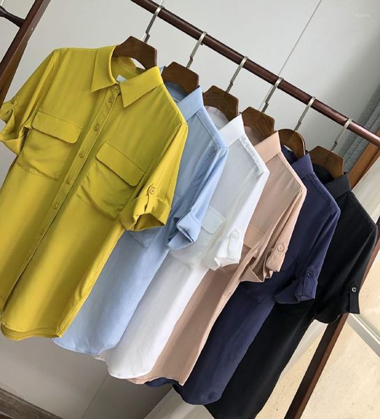 Blusas femininas camisa de cor de lapela de seda com bolsos duplos de manga curta - 7evening 2023 estamadas brancas/preto/marinha/top rosa