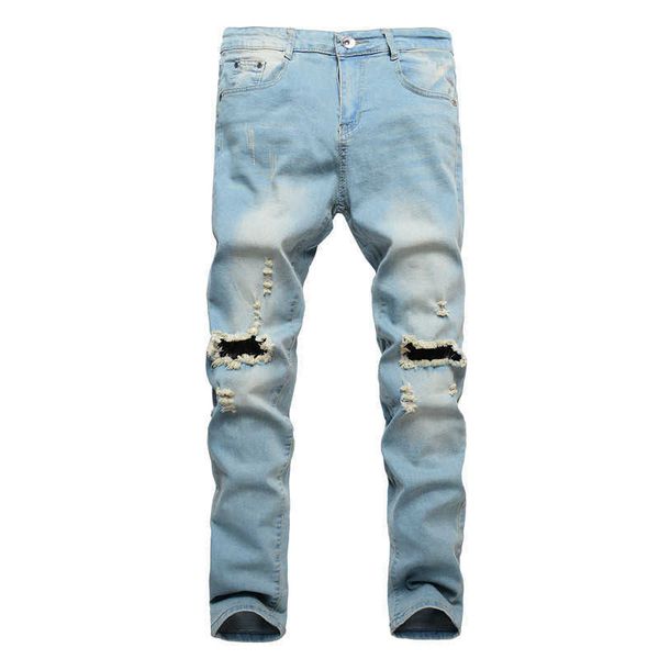 Jeans masculinos Plus Tamanho 2836 Algodão Blue Men Jeans Alongamento Destruído Design Ripped Fashion Skinny Jeans para homens Z0225