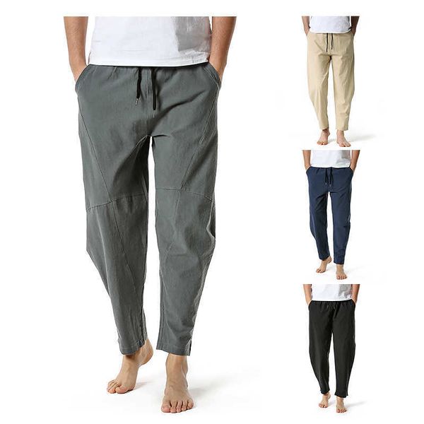 Erkek pantolon pamuk keten yaz pantolon erkekler gevşek rahat hafif Japon sokak kıyafeti elastik bel joggers erkek yoga pantolon ev z0225