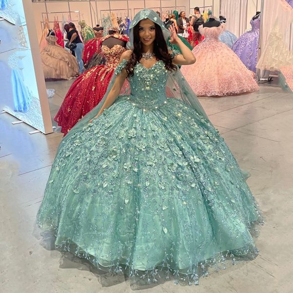 Abiti Quinceanera Sweet 16 verde chiaro Applique in pizzo Fiore 3D Off Spalla Lace-up Prom Party Ball Gowns