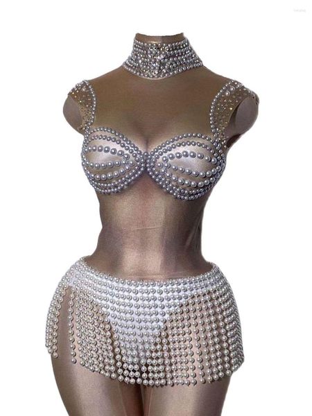 Stage Wear Sexy Pearl Body Novità Tute da donna Party Birthday Outfit Nightclub DJ Dance Show Catwalk Costume