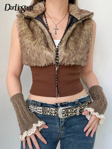 Giacche da donna Darlingaga Grunge Vintage Brown Dolcevita Gilet di pelliccia Giacca Y2K Senza maniche Autunno Inverno Cappotto Furry Sexy Soprabito corto Abbigliamento 230225