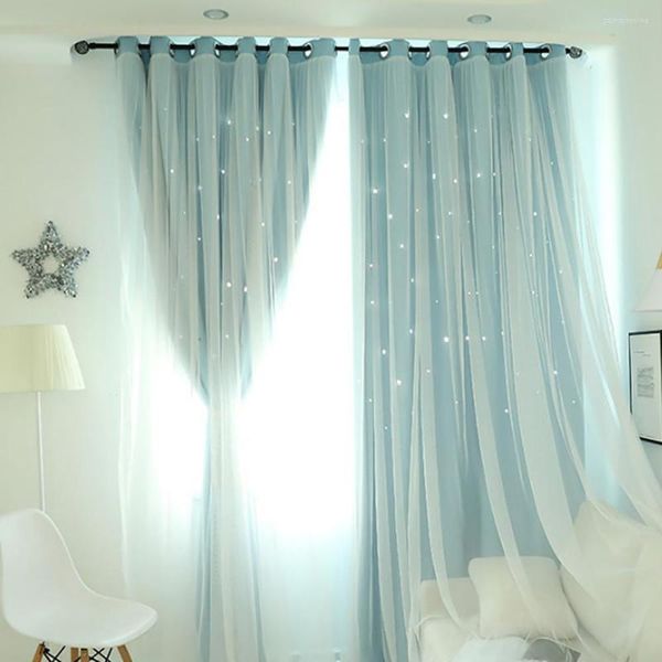 Tenda OUNEED Tende Per Camera Da Letto Blu Cielo Stellato Tulle Trasparente Trattamento Per Finestre Voile Drappo Mantovana A Due Piani 200cm 100cm