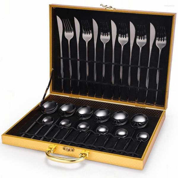 Set di stoviglie Set di stoviglie in acciaio inossidabile Scatola di posate nere occidentali 24 pezzi Forchetta Cucchiaio Custodia per coltelli d'oro