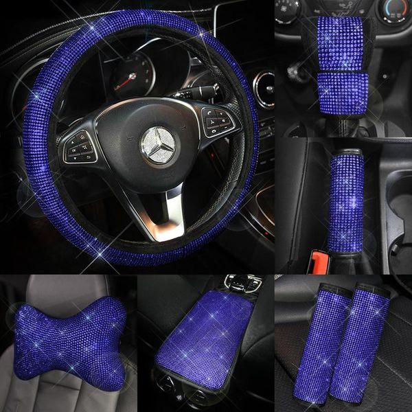 Cuscini di seduta Strass Cristallo Blu Lusso Copri cintura per auto Bracciolo Volante Cuscino per il collo Accessori interni